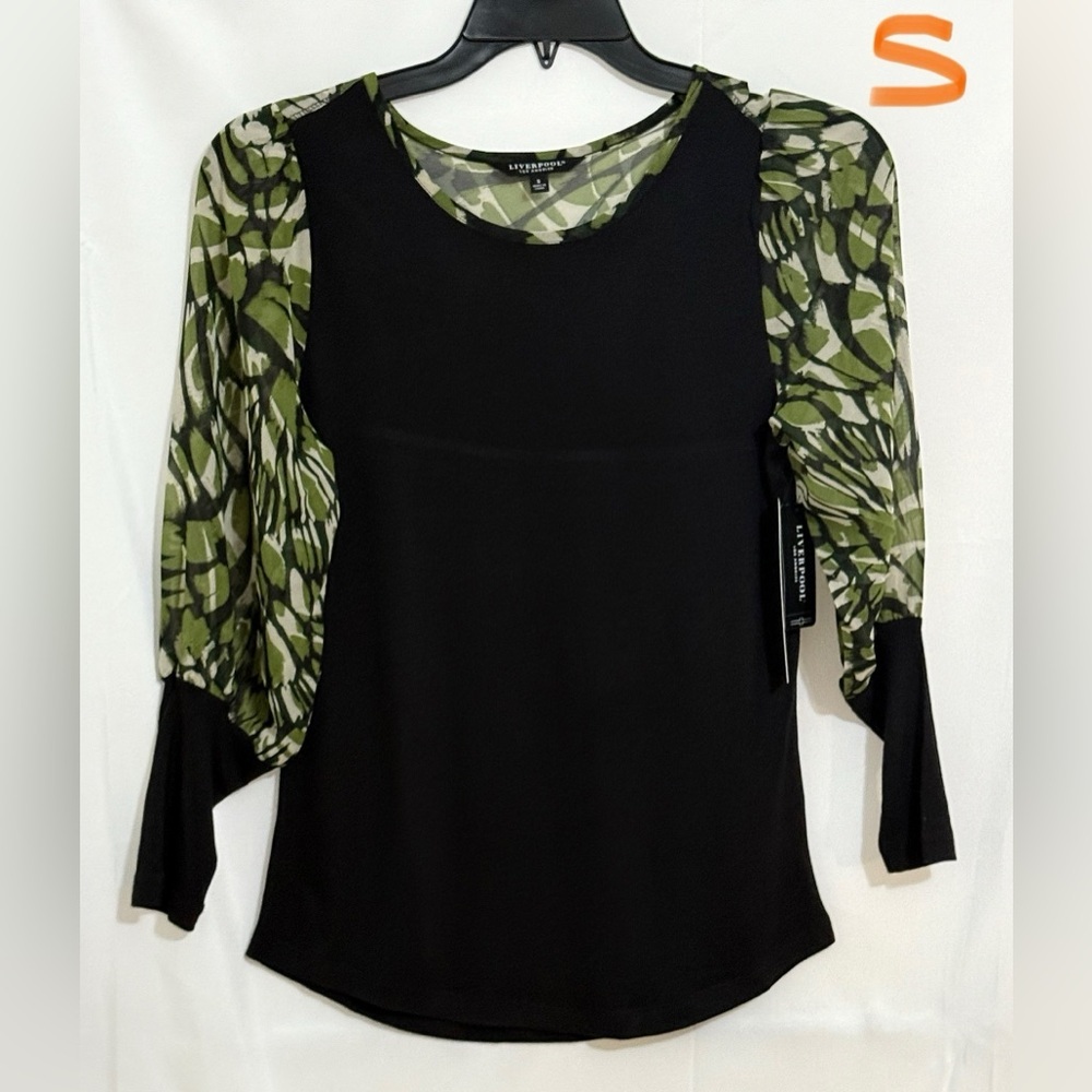 Liverpool Black and Green Asymmetrical Blouse with 3/4 Sleeves